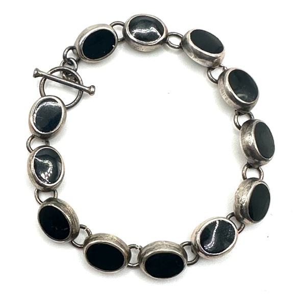 Sterling Silver 925 Black Onyx Link Bracelet 7 1/4” Toggle Closure - Picture 3 of 12